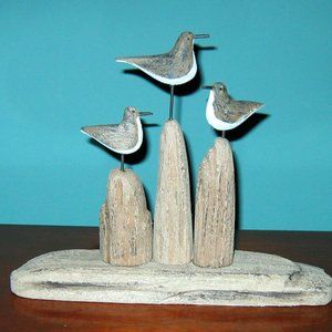Cute Three Carved Shore Bird SANDPIPERS- all Wood on Driftwood type Wood…